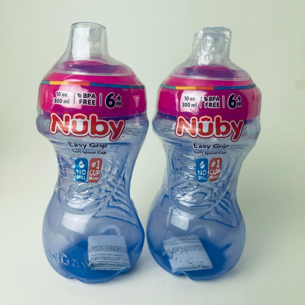 2 Nuby Trainer Sippy Cup Easy Grip No Spill Soft Flex Spout, 10oz 300ml - Purple